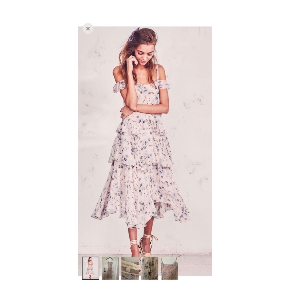 LoveShackFancy Pink Floral Ruffle Tiered Midi Dress Cold Shoulder Size L